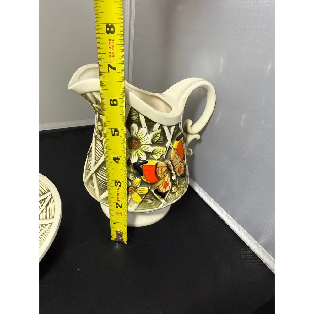 1970 Vintage Wales Ceramic Butterfly Flower‎ Pitcher Vase and Saucer Plate set